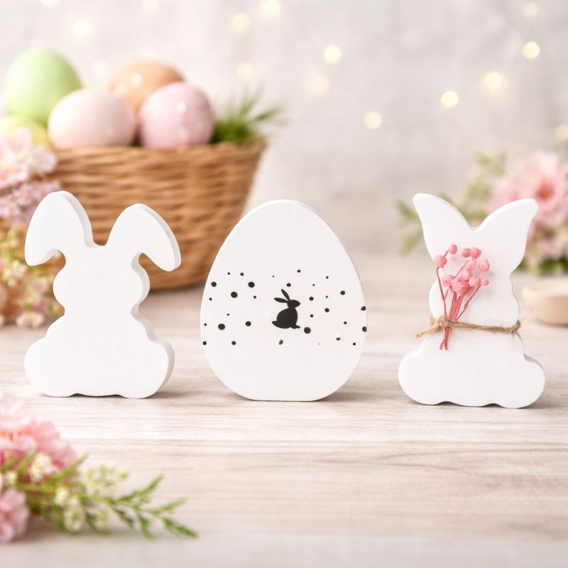 Frohe Ostern Deko Set 3-teilig aus Gips mit Trockenblumen